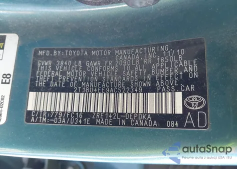 2010 Toyota Corolla Le from USA, damaged, VIN 2T1BU4EE9AC522349